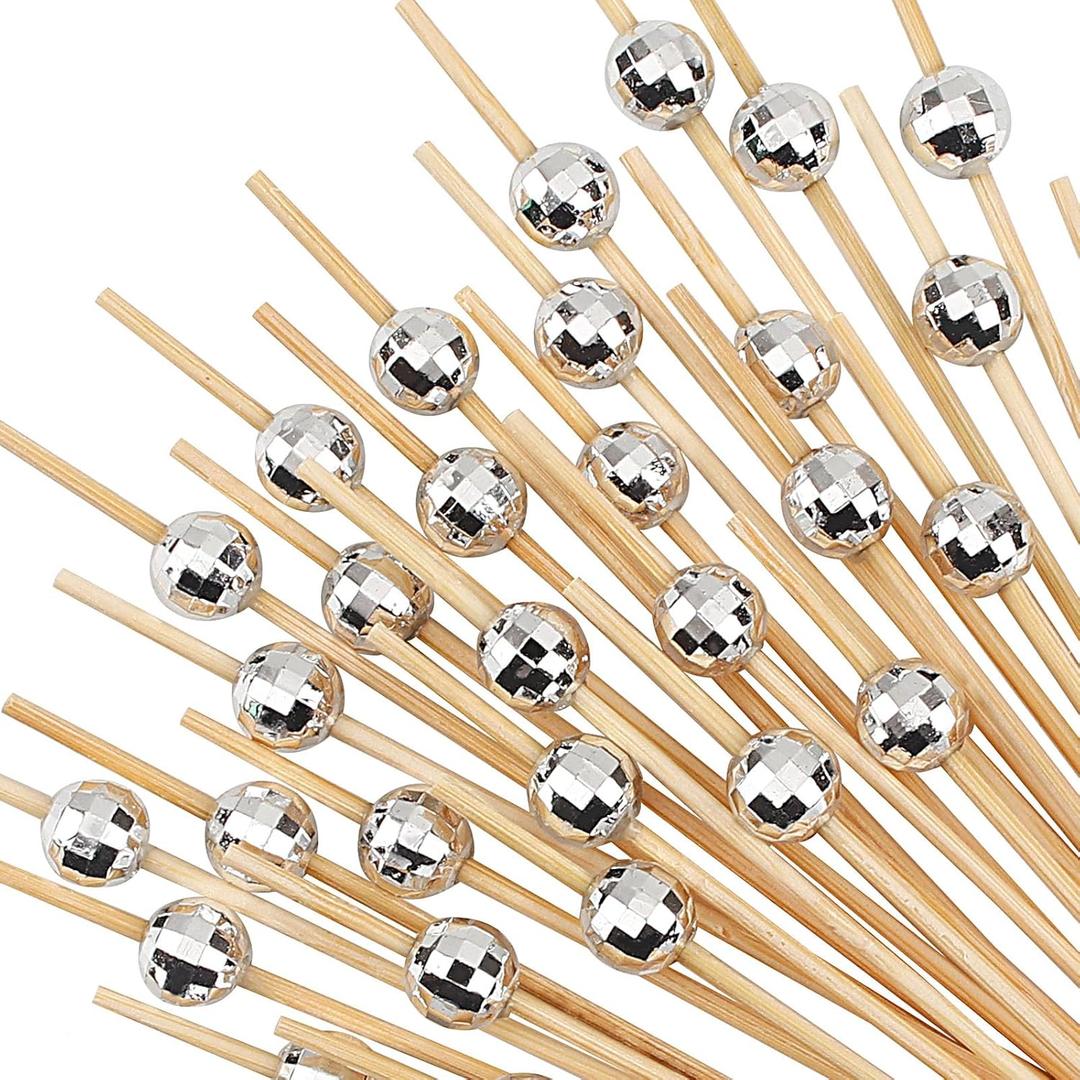 Disco Ball Cocktail Picks - 100 Count Decorative Toothpicks for Appetizers, 4.7 Inch Long Bamboo Skewers, Fancy Garnish Sticks for Martini, Charcuterie Board, Party Decorations, Bar Decor Accessories (Silver)