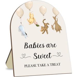 Winnie The Pooh Baby Shower Decoration Sign - Classic Pooh Babies are Sweet Please Take A Treat - 9 * 11IN, White/Brown 