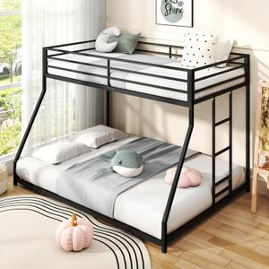 Twin Over Full Size Bunk Bed, Metal Low Profile Bunkbeds with Full-Length Guardrail and Ladder, Space Saving, No Boxing Spring Needed, Black