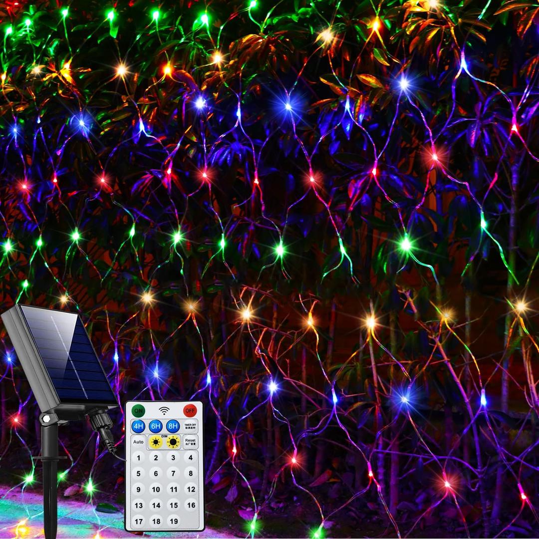 Solar Net Lights Outdoor Mesh Lights Multicolor, 192 LED Net Lights Christmas Colorful, Waterproof 19 Modes Timer Tree Wrap Lights for Fence, Garden, Yard, Bushes, Trunk, Halloween Decor-9.8ft x 6.6ft