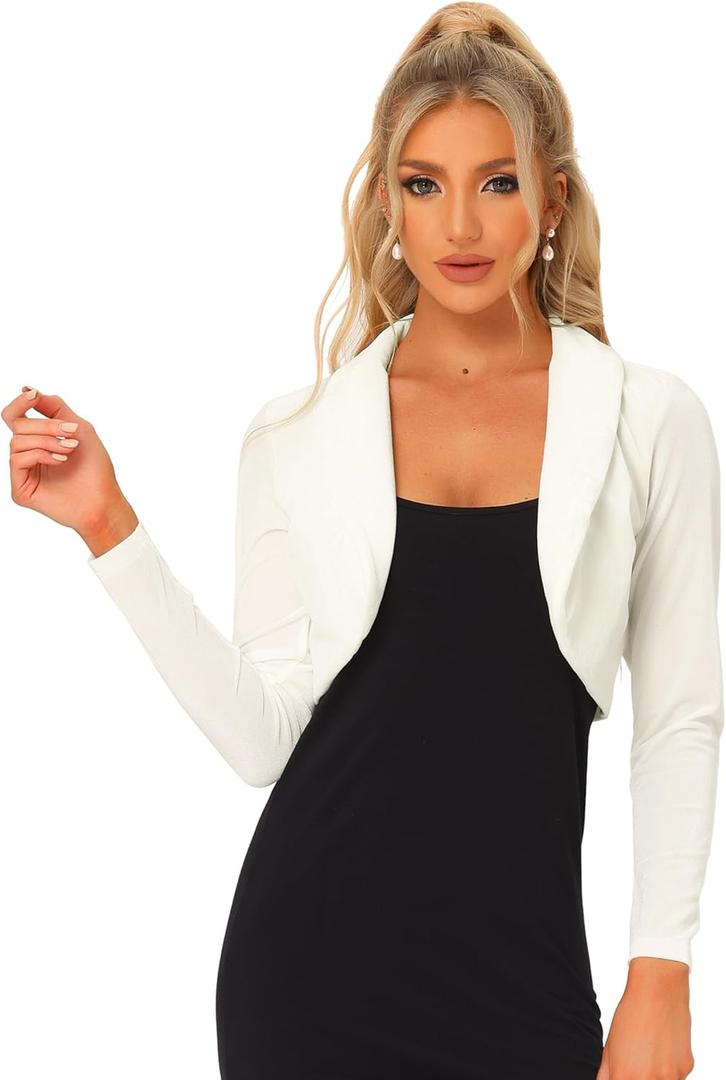 Allegra K Long Sleeve Shrug Top for Women's Lapel Collar Velvet Christmas Open Front Cropped Cardigan Small White