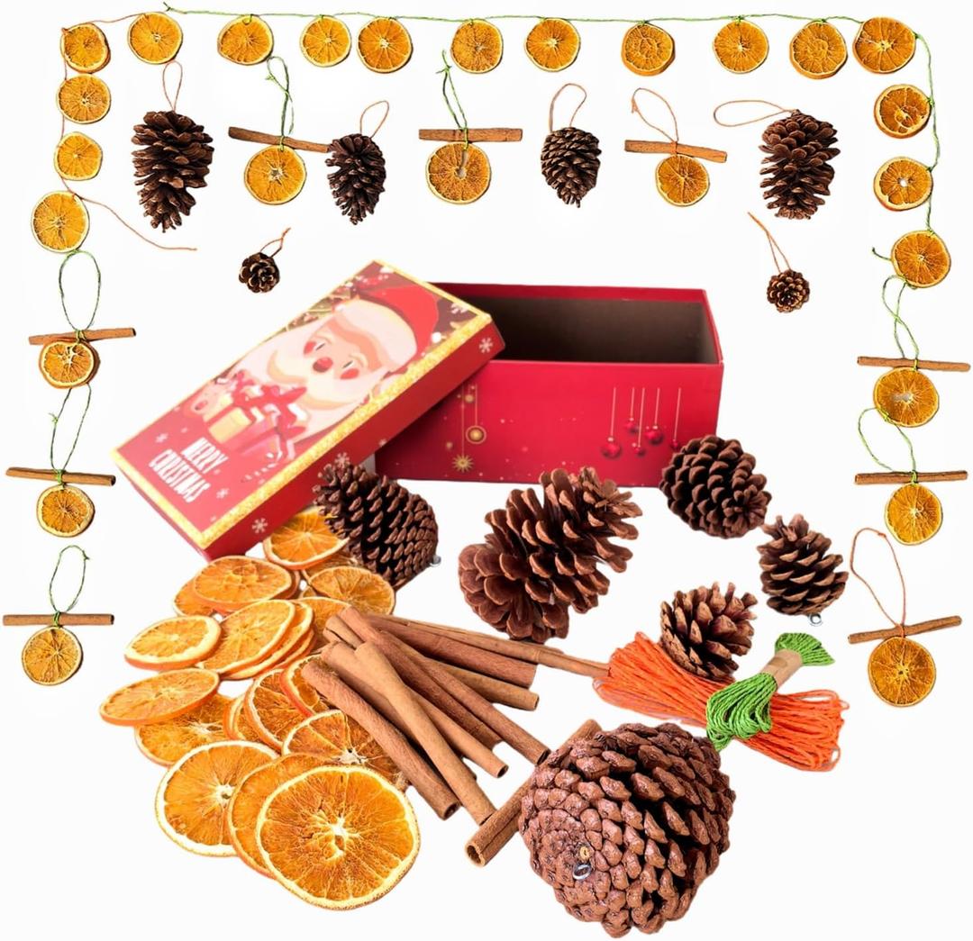 Natural Christmas DIY Decor Crafts Kit with Dried Orange Slices *25-30 pcs, Cinnamon Sticks *12, Pine Cones *6-8, Gift Box Set, DIY Holiday Decorations for Christmas Wreaths, Tree Ornaments, Home