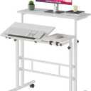VECELO Mobile Small Standing Desk Adjustable Height, Computer Workstations with Tiltable Tabletop, Lockable Wheels, Portable Rolling Laptop Desk for Home Office, White, 3 Panel