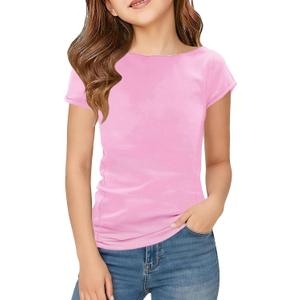 Floral Find Girls Raw Cut Cap Sleeve Tee Summer Boat Neck Lightweight Tops Cute Basic T-Shirts, Pink, 12-13Y
