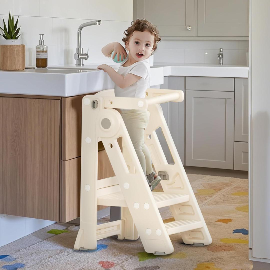Foldable Toddler Tower Kitchen Step Stool for Sink Kids Adjustable Height Standing Tower for Children Montessori Learning Helper with Handles for Bathroom, Beige