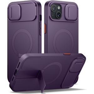 SURITCH for iPhone 14 Plus/15 Plus Case with Magnetic Camera Slide Cover and Adjustable Kickstand, Compatible with MagSafe, Shockproof Bumper Case Slim Protective Cover 6.7 Inch, Dark Purple