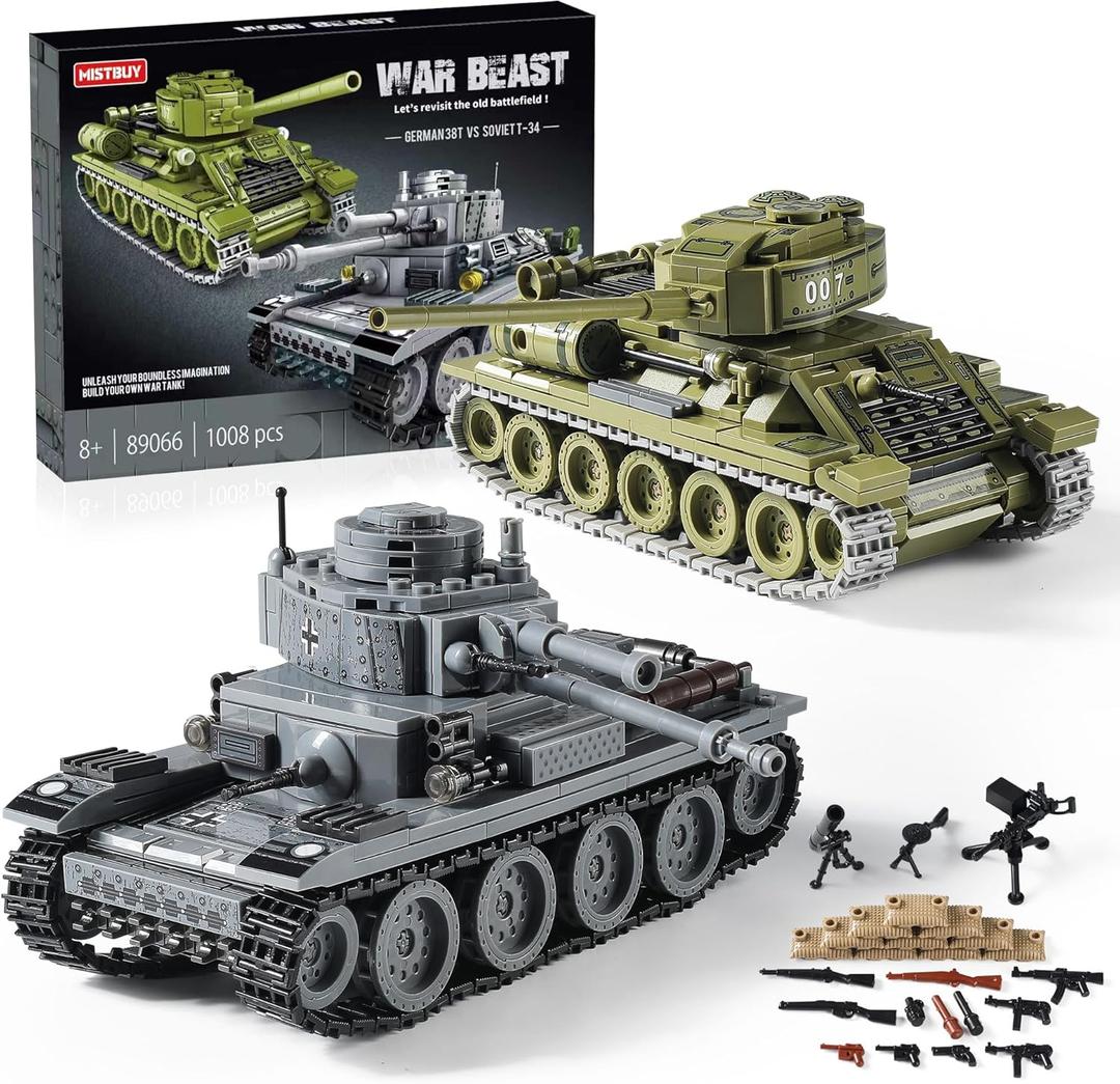 WW2 Army Tanks Toy Building Sets (1008 Pieces) Compatible with Lego, Create a Soviet T-34 & German Panzer 38(t) Tank, Great Military Model Toys Gift for Boys, Kids, and Teens Age 8+