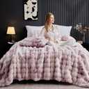 Wonderful 3 Pieces Fluffy Faux Rabbit Fur Bubble Comforter Set Queen Size, Tie-Dyeing Pink Purple Plush Fuzzy Bedding Set, Warm Soft Bubble Comforter Bedding Set for Winter