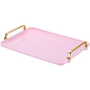 PATIKIL 12 x 8.6 Inches Plastic Serving Tray with Golden Handles, Reusable Tray Rectangular Party Platters for Dessert Coffee Tea Table, Living Room Kitchen Countertop, Pink