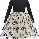 Arshiner Girls Long Sleeve Dress Casual Knee Length Dresses Black Flowers Party Tulle Kids Outfits 5-6Y