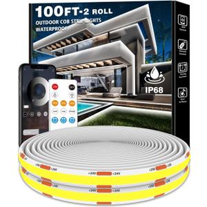 100ft COB Outdoor LED Strip Lights Waterproof,Dimmable 6500K Bright White,IP68 Outside Led Light Strips Waterproof with App Remote Control,Music Sync Exterior Led Rope Lights