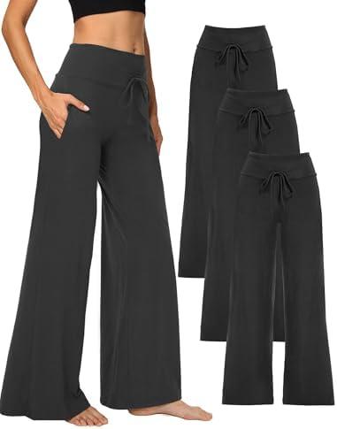Showitty 1/3 Pack Women's Wide Leg Pants with Pockets, Casual Loose Pajama Palazzo Trousers Sweatpants for Yoga Lounge, Small