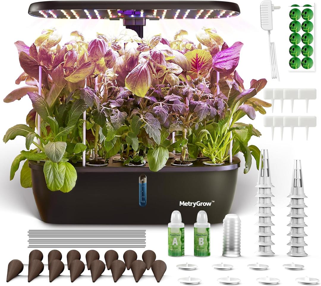 MG-15 Hydroponic Growing System Kits, Smart Indoor Garden with 24W Grow LED Light Full Spectrum, 15 Pods Herb Garden Planter Indoor Gardening for Gifts, Kitchen (Black)