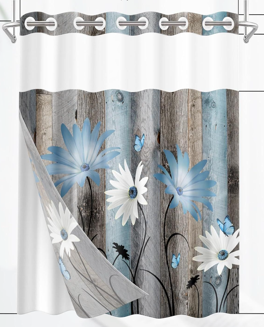 No Hook Rustic Farmhouse Shower Curtain with Snap in Fabric Liner Set, Blue Daisy Flowers and Butterfly on Wooden Double Layers Waterproof with See Through Top Bath Curtain 71x74 Inch