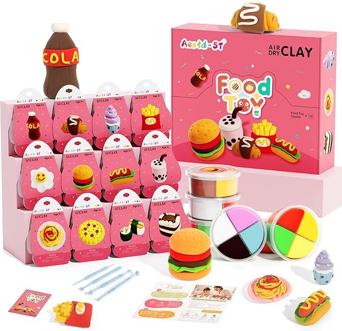 Air Dry Clay Kit  Food Toy Theme, Modeling Clay for Kids, DIY Model Magic Clay with Tools and Tutorials, 12 Boxes Molding Clay, Ultra Light, Soft & NonSticky, Arts and Crafts Gift for Kids