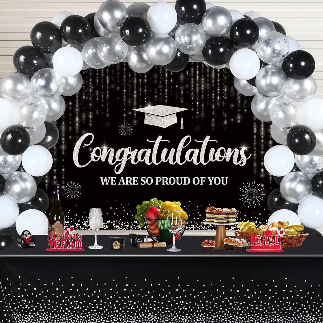 2024 Graduation Decorations Congratulation Party Supplies Congrats Grad Decorations Class of 2024 Party Decor Graduation Balloon Decoration for Outdoor Indoor Home School Grad Decor(Black, Silver)