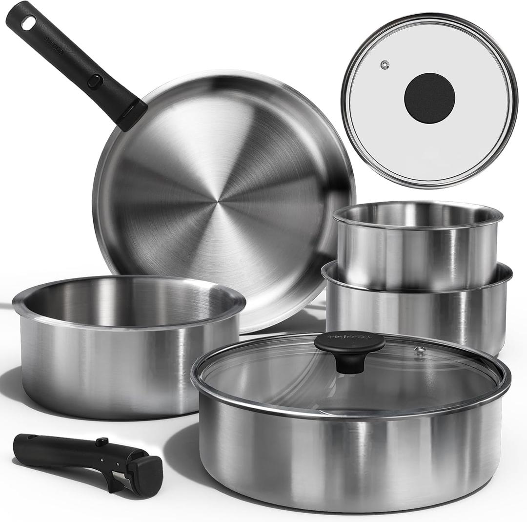 CAROTE Pots and Pans Set, Tri- Ply Stainless Steel Cookware Set Detachable Handle, 9pcs Induction Kitchen Cookware Sets with Removable Handle, RV Cookware Set, Oven Safe (Brushed Black)