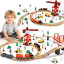 TOY Life Train Set 81pcs with Crane & Locomotive Train Toy, Wooden Train Tracks Toys for Toddlers Boys Girls 3 4 5, Wood Toys Gift Toddler Train for Kids 4-8 - Fits Thomas Brio Chuggington