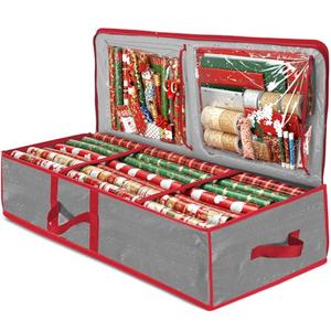 ZOBER Gift Wrapping Paper Organizer Storage - 40" Gift Wrap Storage Containers With Interior Pockets For Bows, Tags & Ribbons - Wrapping Paper Holder, Waterproof, Fits 24 Standard Rolls (Gray)
