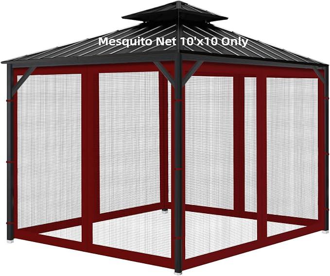 Gazebo Universal Replacement Mosquito Netting, Outdoor Mesh Netting Screen 4-Panel Sidewall with Zipper for Patio, Canopy, Garden and Backyard, Gray(Mosquito Net Only) (Red and Black, 10' x 10')
