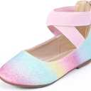 Hehainom Girls Dress Shoes Toddler Little Kids Gracy Ballet Mary Jane Ballerina Flats with Elastic Ankle Strap (Rainbow Glitter, 8)