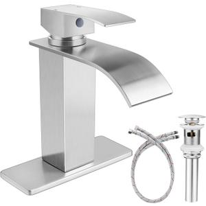 Onader Bathroom Sink Faucet for 1 or 3 Hole, Brushed Nickel Single Handle Waterfall Bathroom Faucet for Vessel Vanity Sink, Pop Up Drain and Water Hoses Included