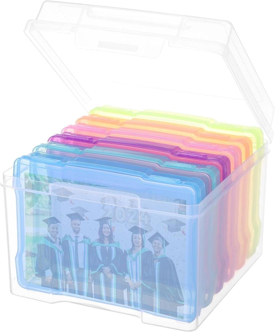 Photo Storage Box 4" x 6", Extra Large Transparent Plastic Photo Organizer Craft Keeper with 6 Colorful Inner Case for Cards, Pictures, Stamps, Stickers, Seeds, Office Supplies