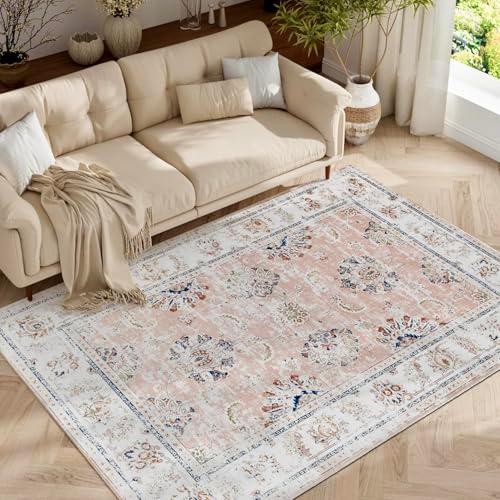 jinchan Fiora Washable Area Rug 4x6 Ultra-Thin Low Pile Non-Slip Stain Resistant Soft Faux Wool Spring Floral Rug Distressed Vintage Carpet for Bedroom,Living Room,Kitchen,Nursery(Pink, 4' x 6')