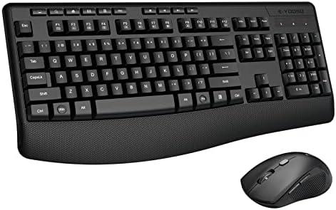 Wireless Keyboard and Mouse Combo, E-YOOSO 2.4GHz Full Sized Ergonomic Wireless Keyboard with Wrist Rest, 3 DPI Adjustable and 6 Buttons Cordless USB Mouse for Computer, Laptop, PC, Windows (Black)