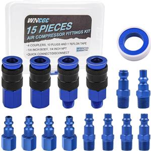 15 Pieces Air Compressor Hose Fitting Kit, 1/4" Universal Air Coupler and Industrial Air Plug Kit Quick Connect Air Fittings with Storage Case (Blue)