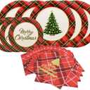 Gatherfun Christmas Party Supplies Christmas Tree Red Plaid Disposable Paper Dinner Plates Dessert Plates and Napkins for Party decorations, Serve 50 (150 Piece Set)