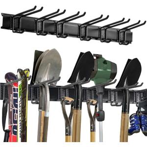 Wall Mount Tool Storage Rack, Heavy Duty Garage Storage Tool Organizer, Garden Tool Wall Hooks and Hangers, Hold Up to 350lbs Black (3 Rail 6 Double Hooks)