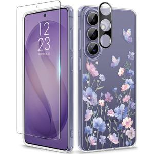 GVIEWIN for Samsung Galaxy S26 Plus Case, Clear Floral Slim Shockproof Protective Women Phone Case, Non-Yellowing, with Screen Protector&Camera Lens Protector for S26 Plus 6.7", Bloomwing/Blue