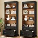 LITTLE TREE 72" Tall Black Bookcase, 5-Tier Office Bookself with File Cabinet Drawers,Modern Floor Standing Storage Filing Cabinet Book Shelf for Living Room,Bedroom(2 Piece,Black)