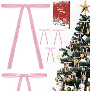 30Pcs Velvet Bows for Christmas Tree - Red Small Christmas Tree Bows, Vintage Ribbon Bows for Garland, Wreath, Fireplace, Door, Gift Wrapping, Holiday Bows Ornaments for Xmas (Pink)