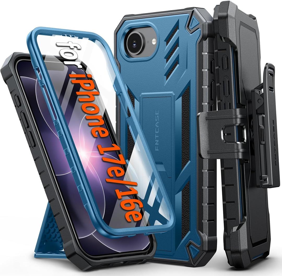 FNTCASE for iPhone 17e Phone Case: for iPhone 16e Casee Military Grade Rugged Case with Kickstand & Holster | Shockproof TPU Protection Bumper Matte Textured Design | Heavy Duty Protector Blue