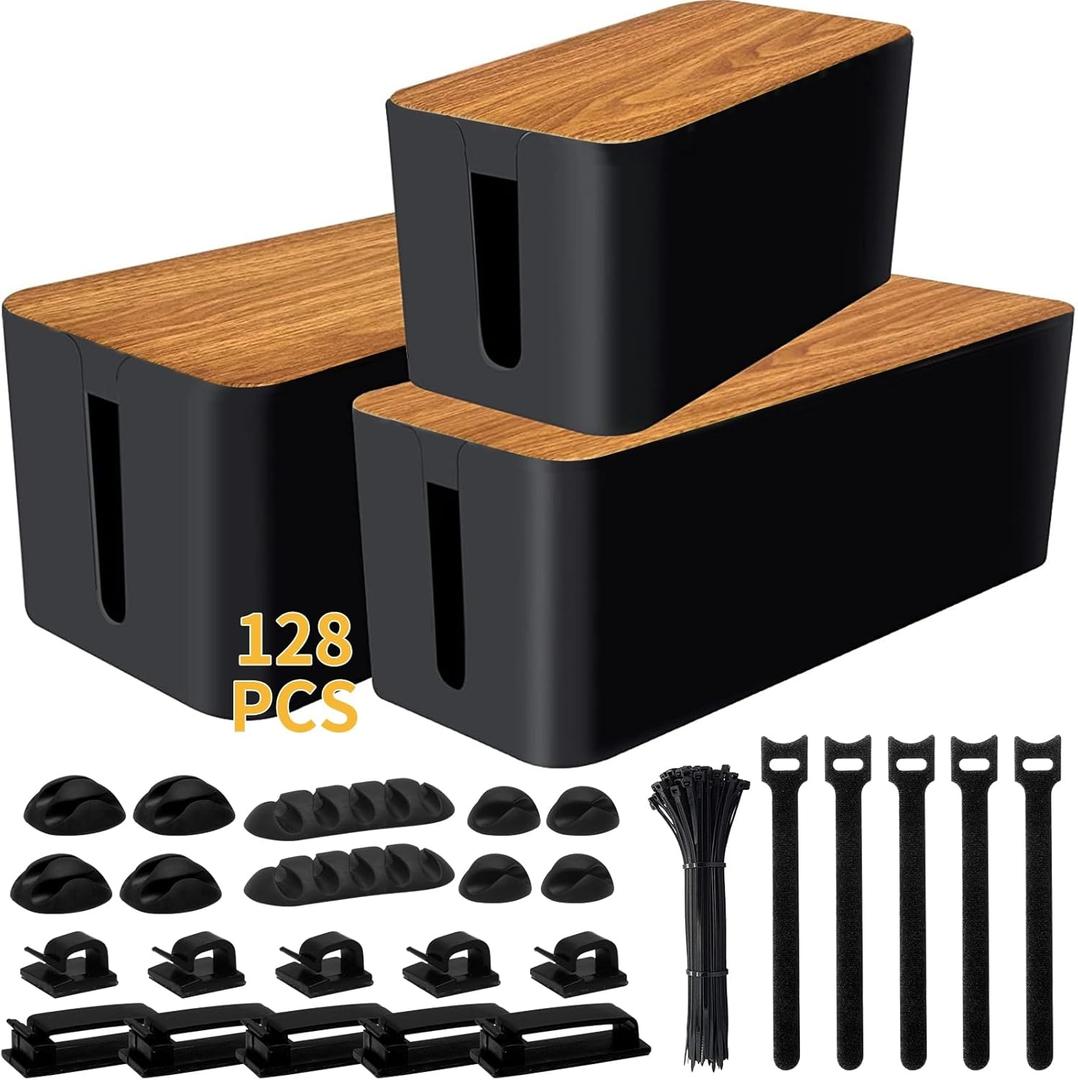 YUANYE Cable Management Box Cable Management Kit for Power Strip to Hide Wires,Cord Organizer Boxes,Safe ABS Material Wire Organizer of Cable Clips Sleeve for Home & Office,3Pack128PCS /Black