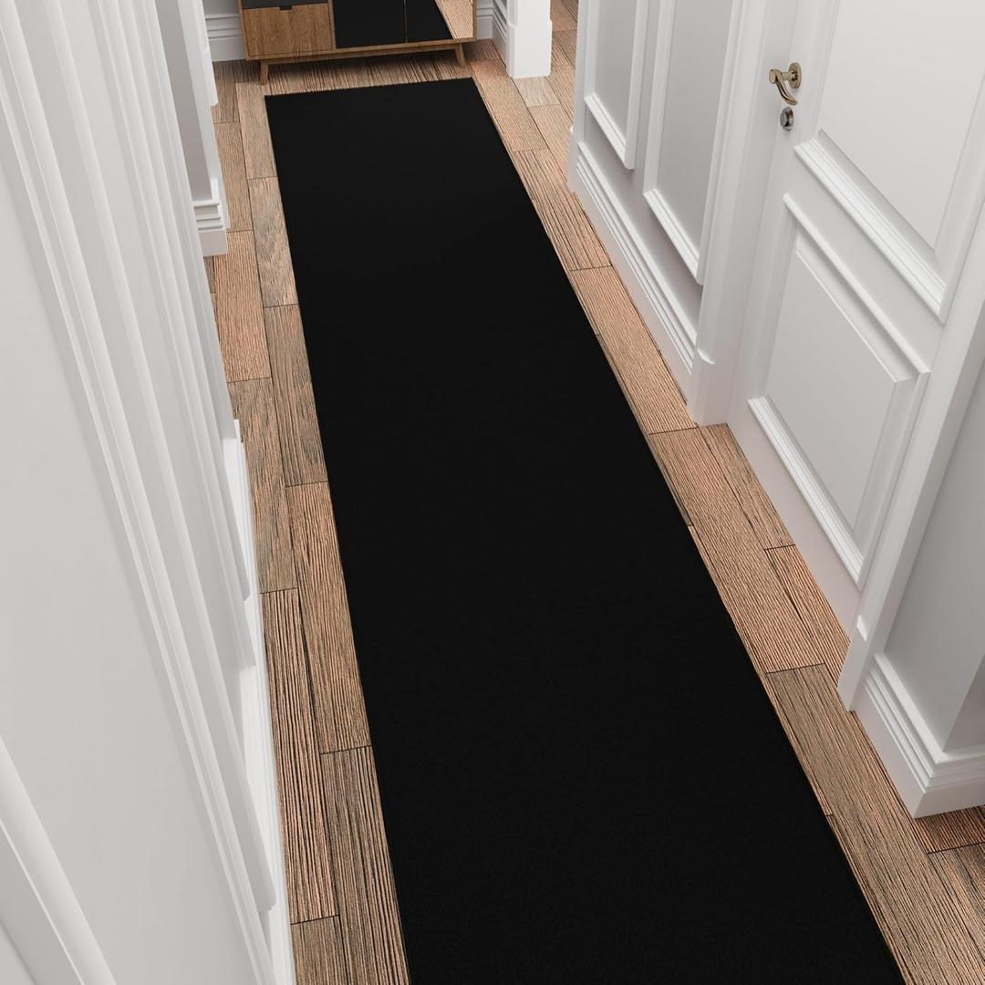 Ottomanson 3x14 Non Slip Extra Long Hallway Runner Rug with Rubber Backing - Solid Modern Kitchen Rug for Bedroom or Living Room, Black, 2'7" x 14'