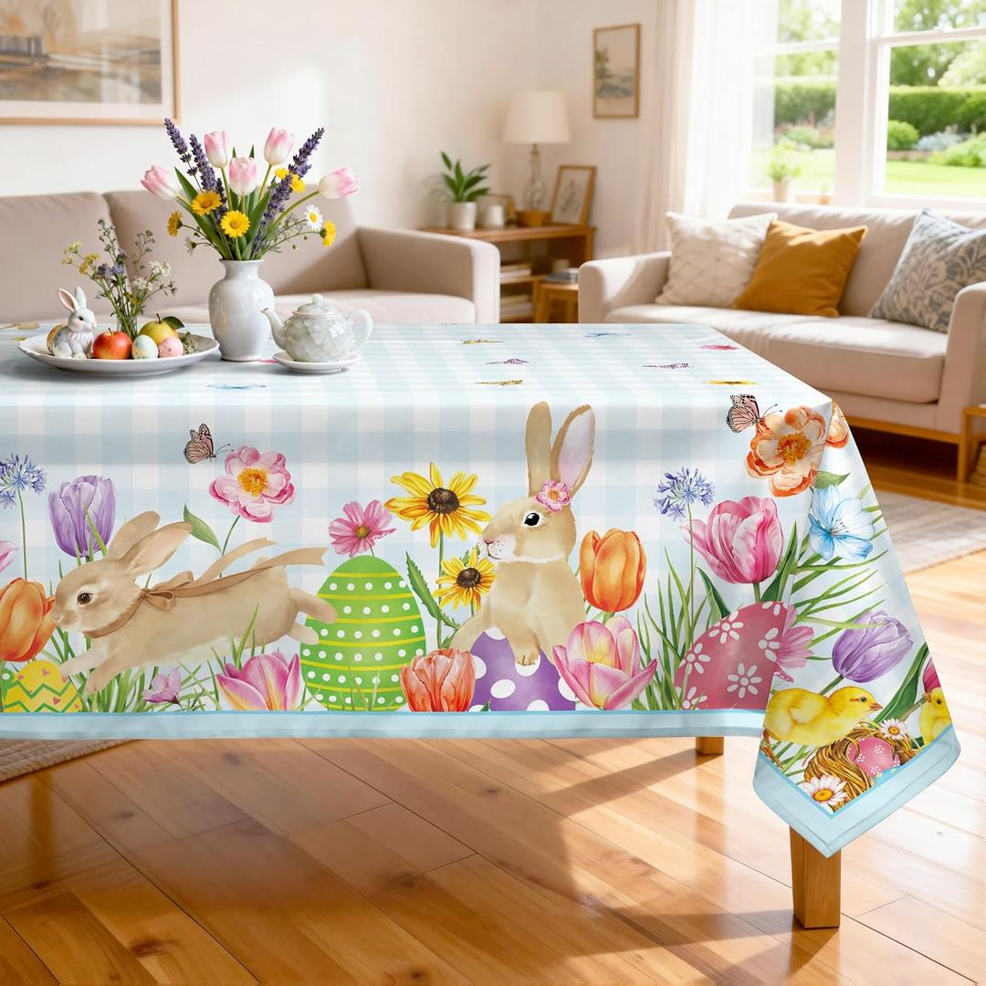 Easter Bunny Tablecloth Waterproof, Spring Floral Butterfly Table Cloth Rectangle Stain Resistant, Washable Table Cover for Home Kitchen Dining Party Decoration (60120 Inch)