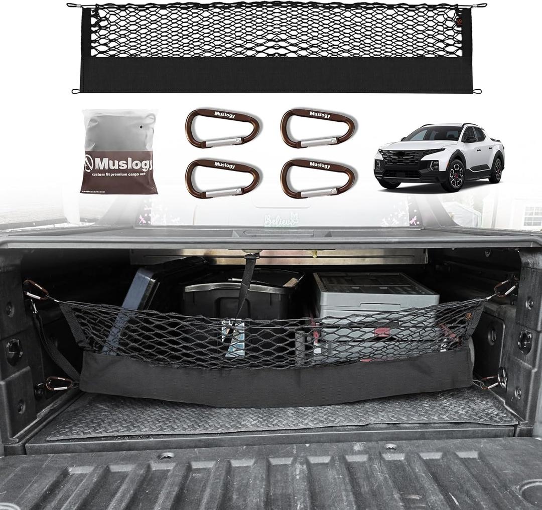Muslogy Truck Bed Cargo Net Compatible with Hyundai Santa Cruz 2022-2025 Accessories Storage Organizer Pickup Truck Bed Envelope Style Cargo Net with Heavy Duty Carabiners