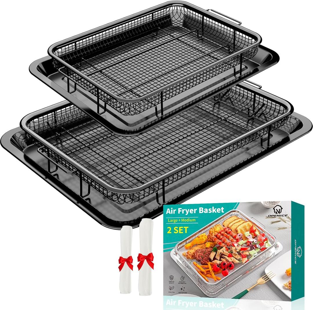 Air Fryer Basket, OPENICE 2 Set Air Fryer Pan and Crisper Tray for Oven, Non-stick Oven Air Fryer Basket for Baking and Crispy Foods - Black (Black 15.6"  11.6" & 12.8"  9.6")