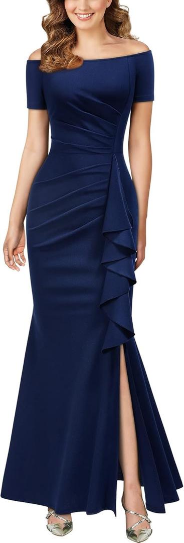 AISIZE Women's Elegant Off Shoulder Ruffle Formal Evening Long Dress (X-Large, Navy Blue)
