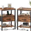 DUMOS Nightstand Set of 2 with Wireless Charging Station Bed Side Tables with Adjustable Fabric Drawers and 3 - Tier Storage End Tables Modern Design, Brown, 11.8"D x 15.7"W x 23.4"H
