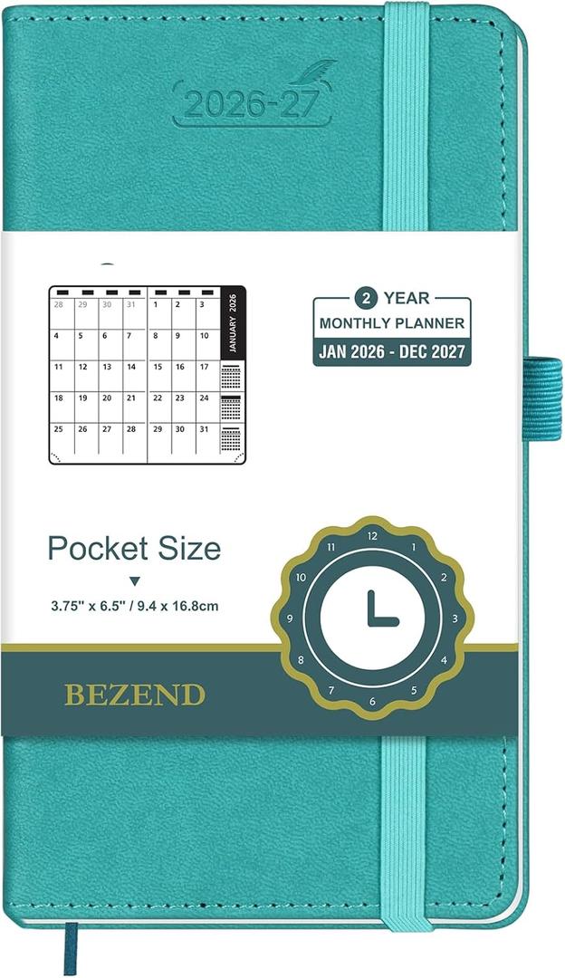BEZEND Pocket Monthly Planner 2026-2027 (3.75" x 6.5") 2 Year Calendar Book for Purse with Note Pages, 100 GSM Paper, Inner Pocket, Pen Holder, Vegan Leather Hardcover in Turquoise