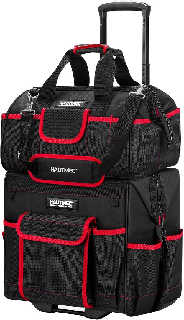 HAUTMEC 2-Piece Rolling Tool Bag Set, 15" Wheeled Tool Bag & Wide Mouth Tool Tote, Heavy-Duty Tool Storage Organizer with Durable Off-Road Wheel, Steel Telescoping Handle & Shoulder Strap HT0288