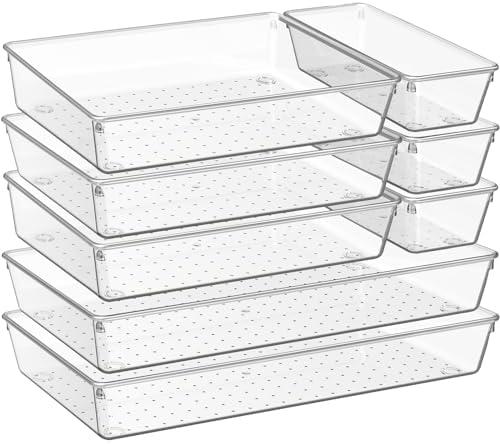 Criusia 8 Pack Drawer Organizer for Kitchen Gadgets, Large Clear Plastic Drawer Divider for Kitchen Accessories, Bathroom Organizers and Storage, Home Essentials for Makeup and Vanity Accessories