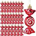 Civaner 24 Pcs Christmas Candy Ornaments Candy Cane Christmas Tree Glitter Hanging Ornaments Plastic Peppermint Swirl Decorations for Tree Home Favor Party Supplies(Red)