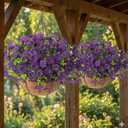 Hananona 2 Set Artificial Outdoor Flowers with Hanging Basket, 2 Hanging Planters with 24 Pcs Flowers for Spring Summer Front Porch Garden Patio Home Decor (2, Purple)