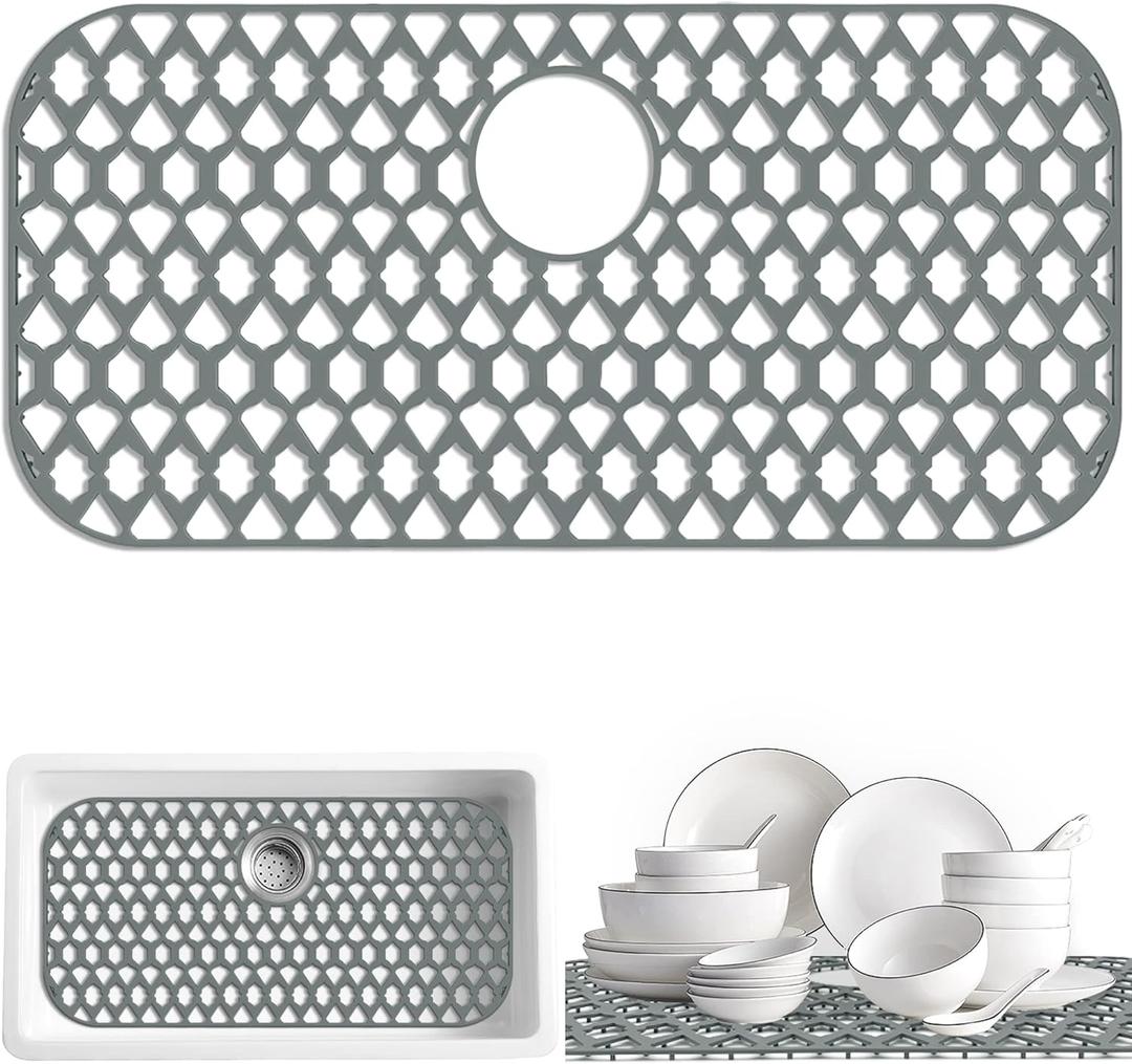Sink Protectors for Kitchen Sink 13x11 &16x12 &19x14 &21x16 &22x13 &24x13 &26x14 &28x14 &30x16, Large Silicone Sink Mats Grid for Bottom of Farmhouse Sink (28x14.4, Rear Drain)