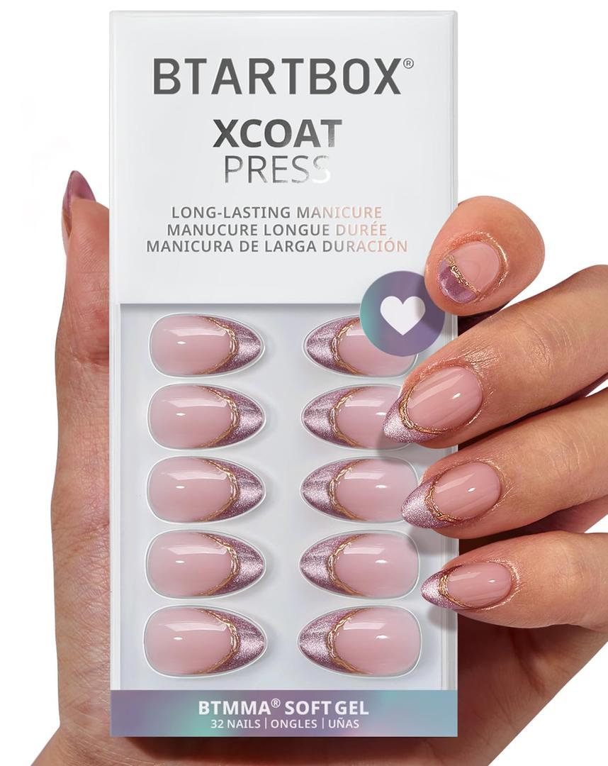 BTArtbox French Tip Press On Nails - Double Gold, Lamp-Curable 3D Gold Line Short Almond Press On Nails with Glue and Adhesive Tabs for Women in 16 Sizes - 32 Soft Gel Glue On Nails Kit